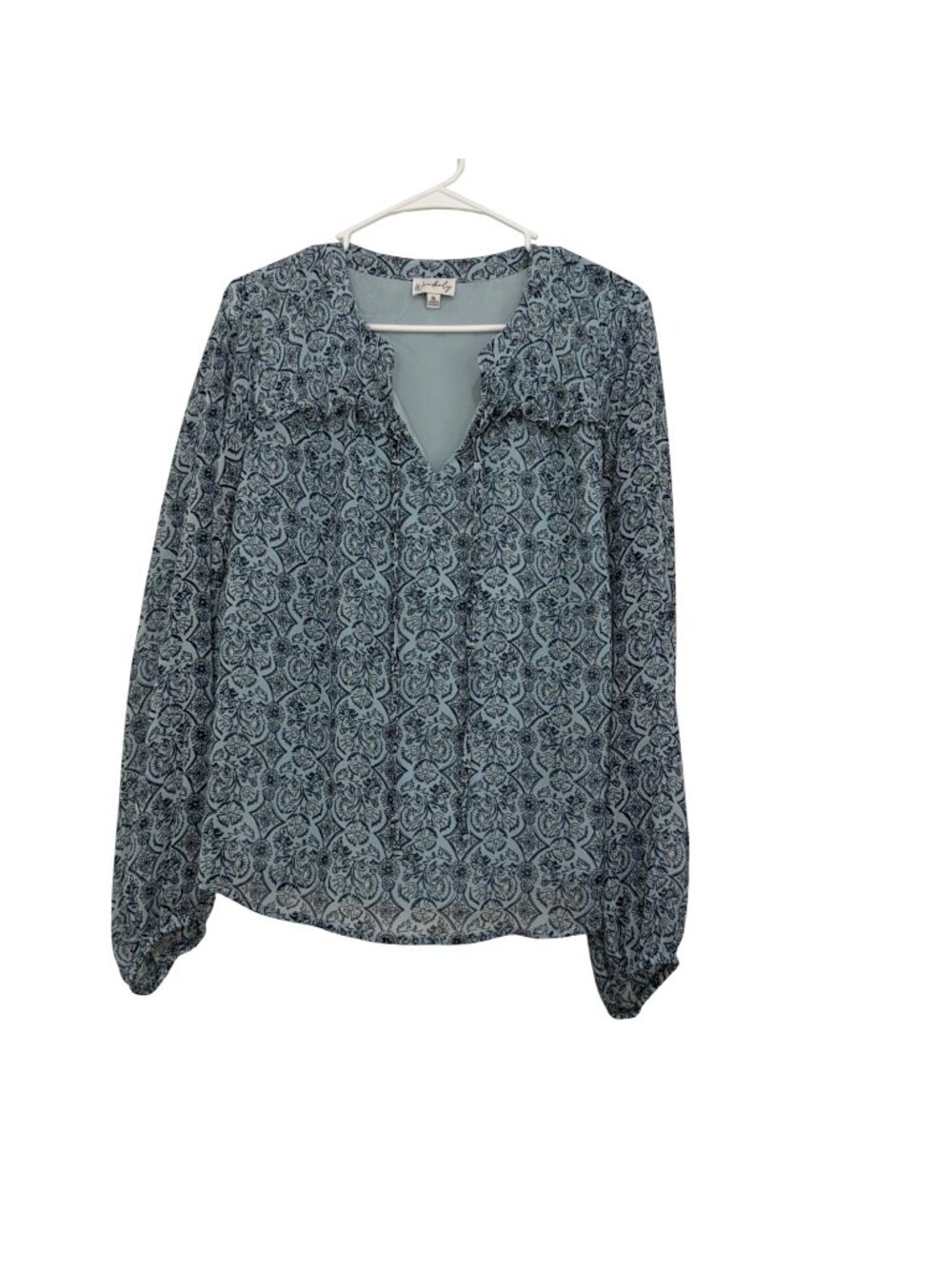 Wonderly Womens Chiffon Blue Floral Printed Long Sleeve Blouse Size XL